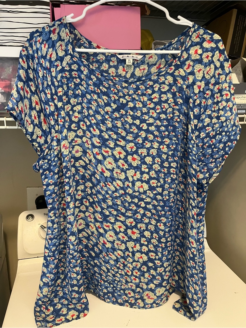 CAbi Blue Floral Short Sleeve Blouse size XL